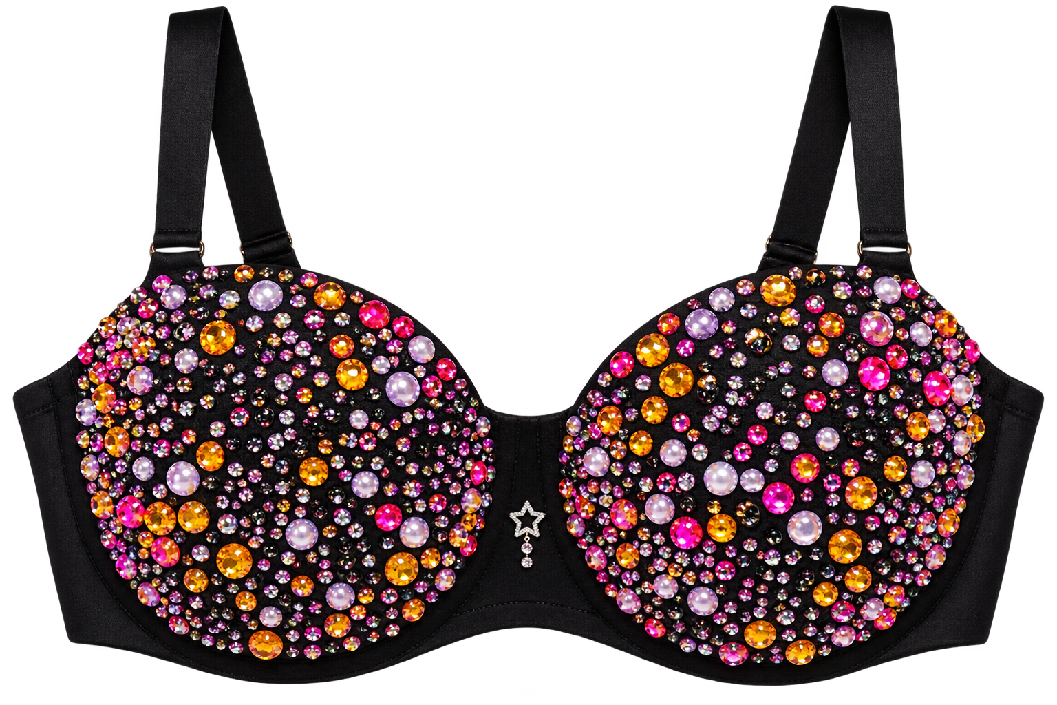 Black jeweled lingerie bra with colorful rhinestones