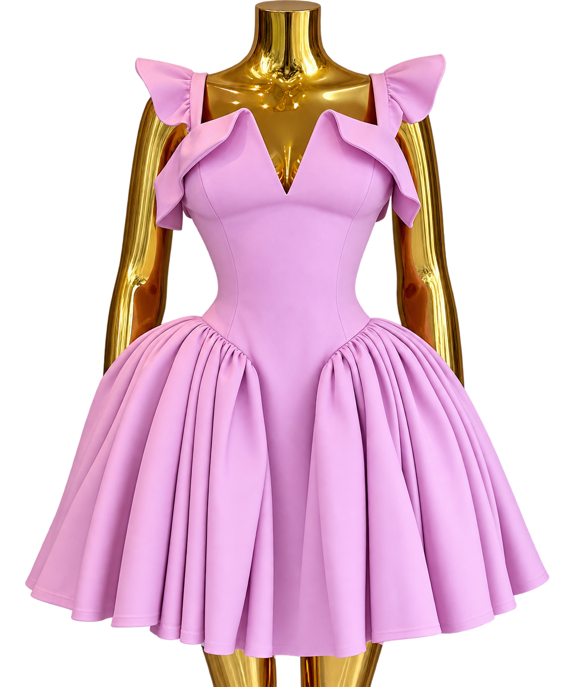 Pink sculptural dress displayed on a mannequin