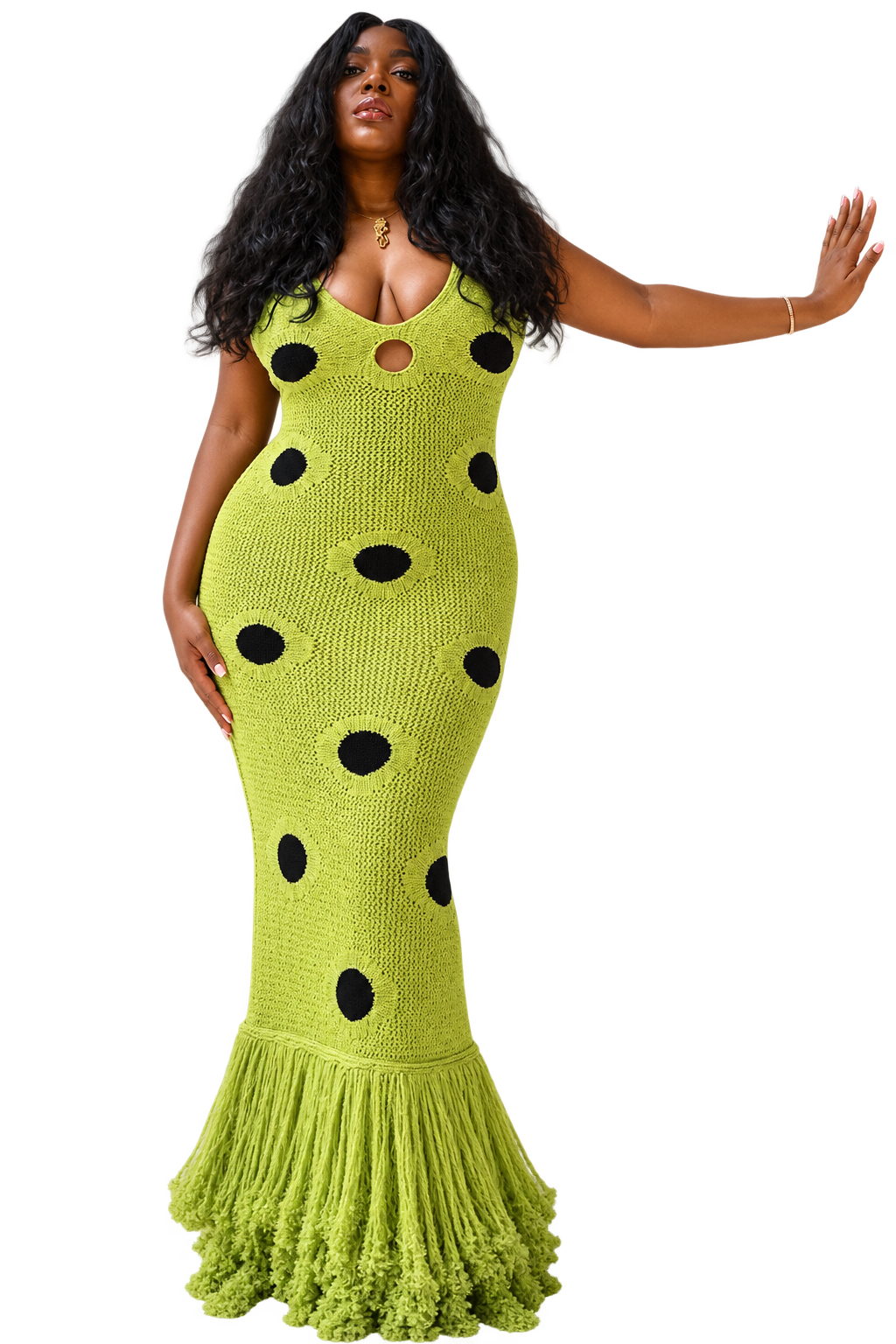Woman wearing a lime green statement dress