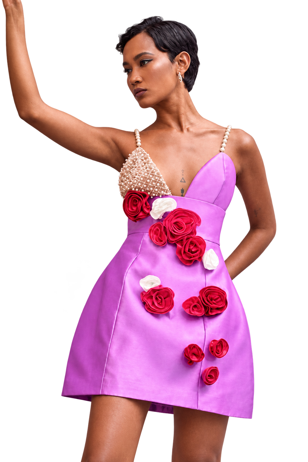 Woman wearing a pink floral statement mini dress